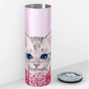 Cute Cat with Flowers on Pink 20oz Skinny Tumbler