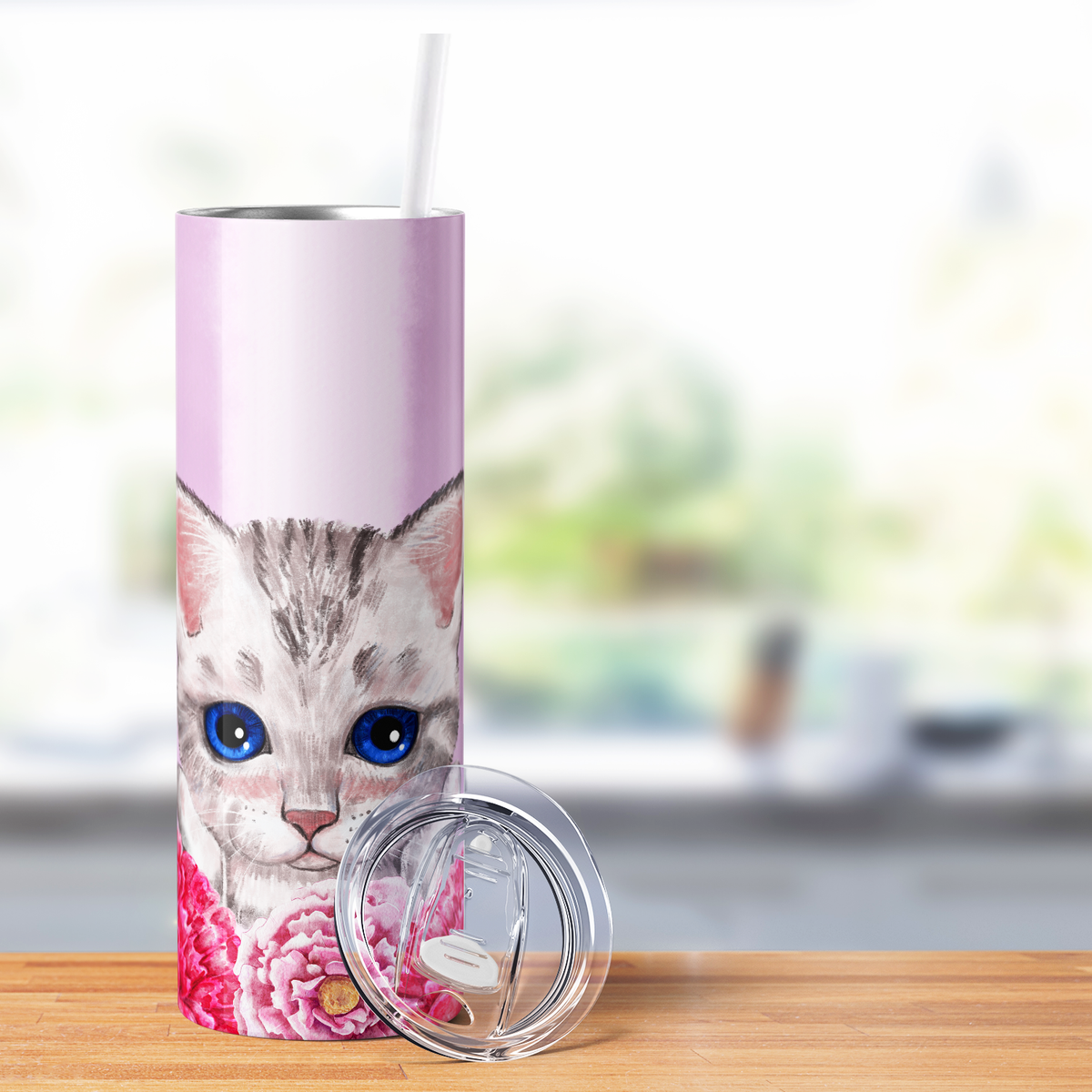 Cute Cat with Flowers on Pink 20oz Skinny Tumbler