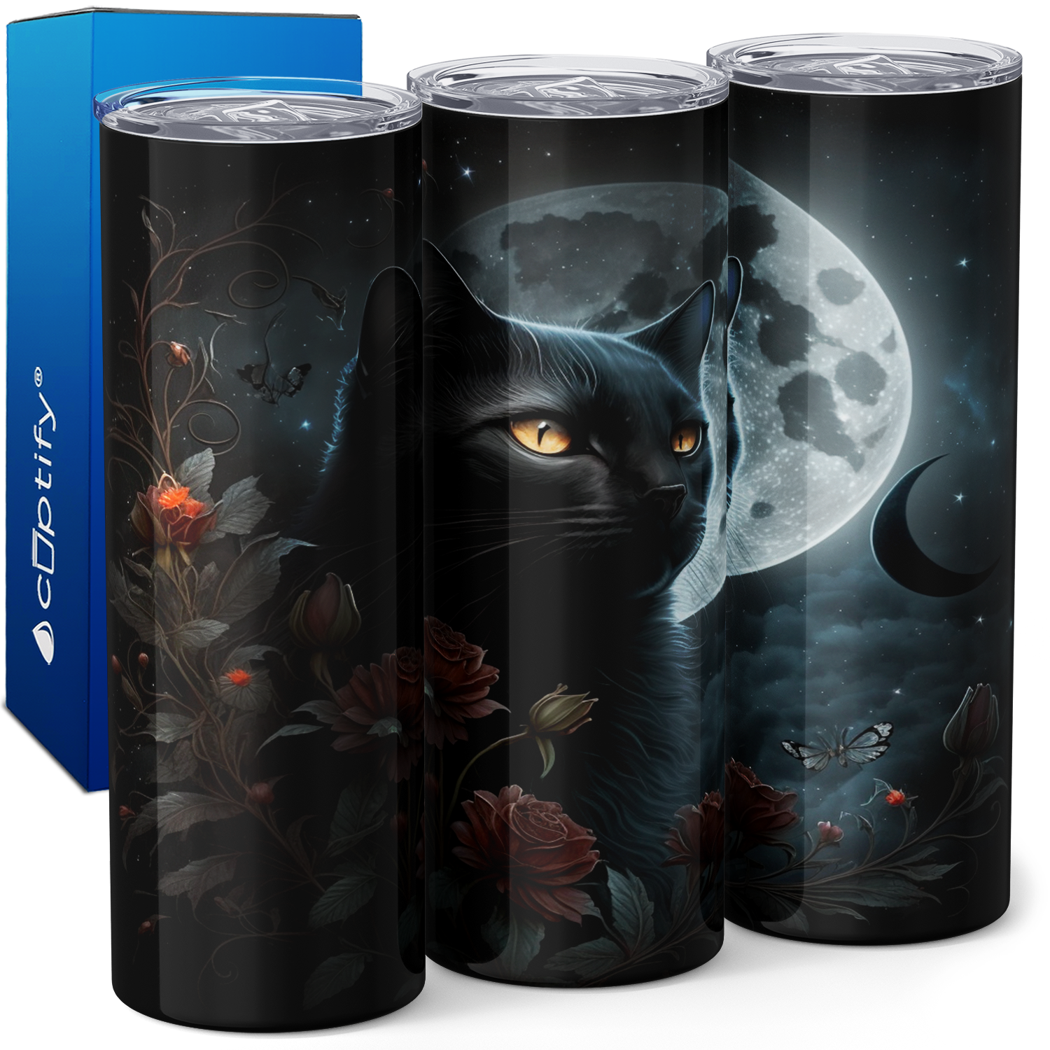 Moon Cat with Roses 20oz Skinny Tumbler