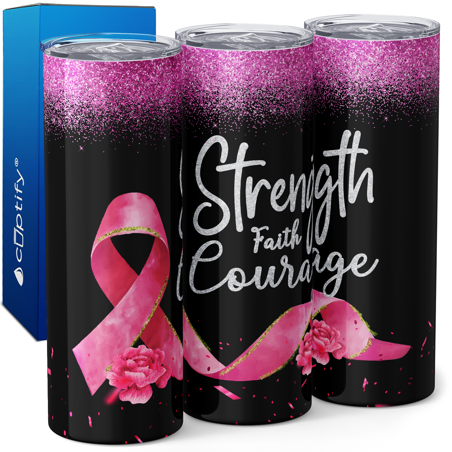 Breast Cancer Awareness Strength Faith Courage 20oz Skinny Tumbler
