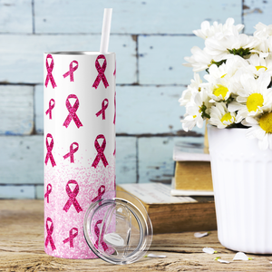 Pink Glitter Ribbon Breast Cancer 20oz Skinny Tumbler