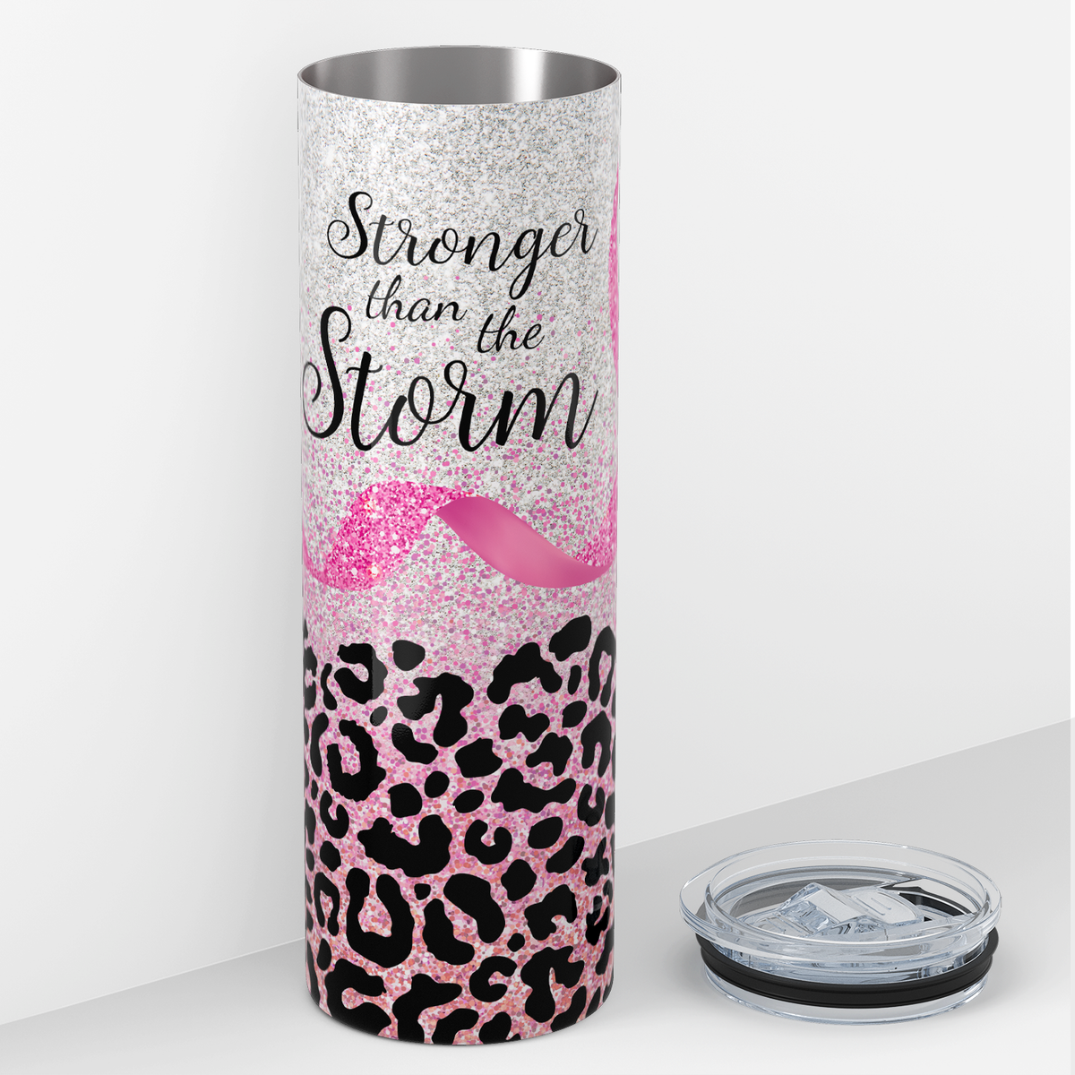 Stronger than the Storm on Pink Leopard 20oz Skinny Tumbler