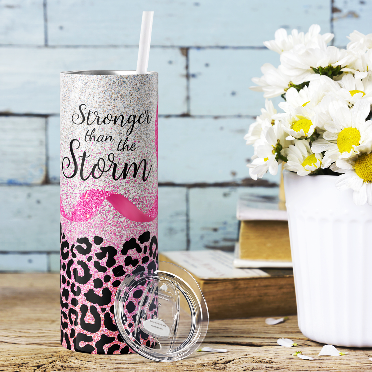 Stronger than the Storm on Pink Leopard 20oz Skinny Tumbler