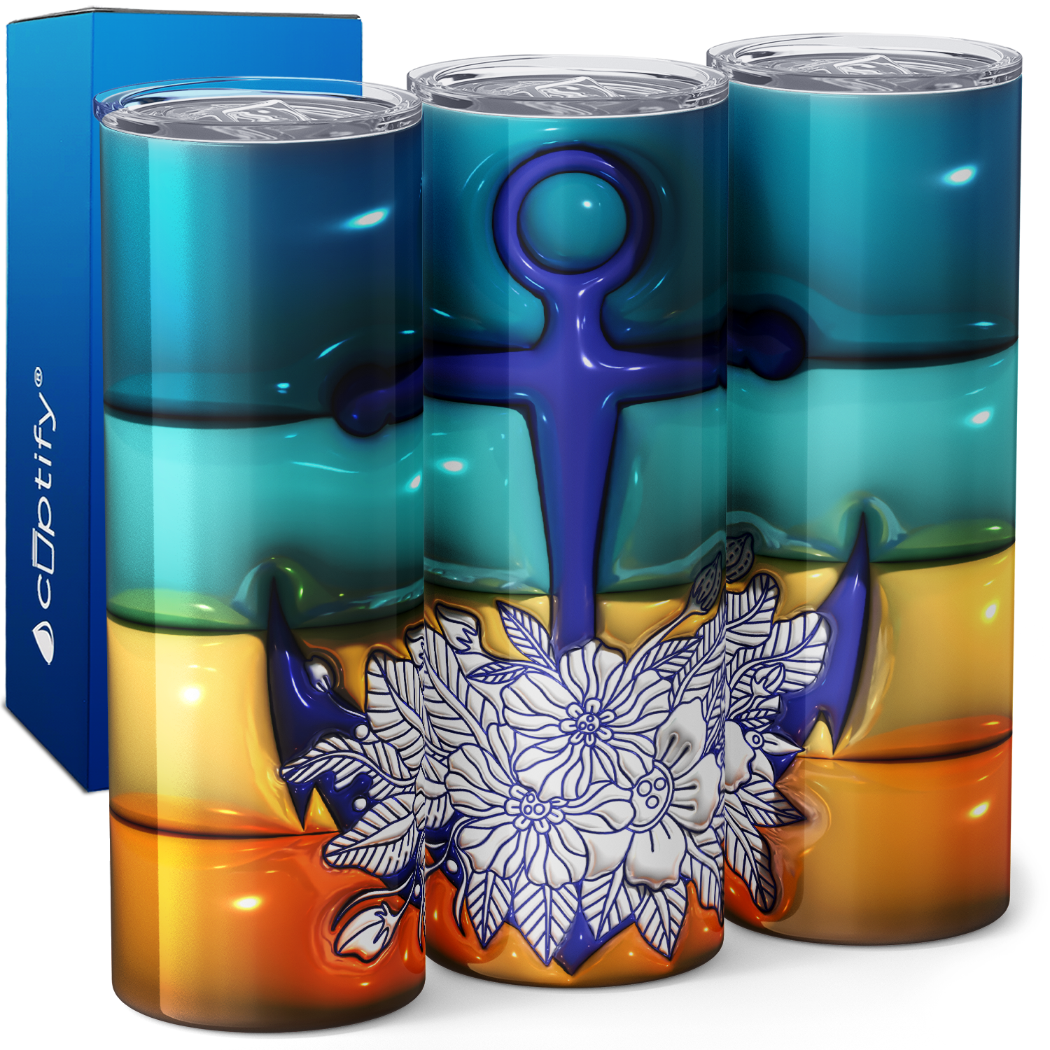 Blue Anchor with Flowers Inflated Balloon 20oz Skinny Tumbler