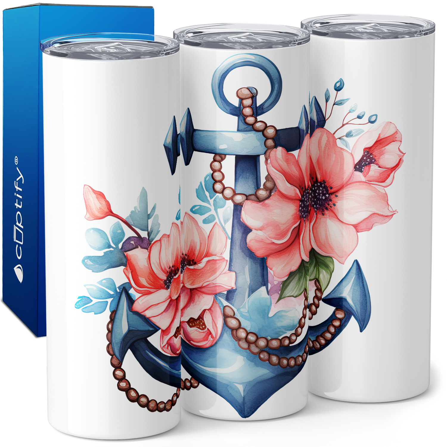 Blue Anchor with Pink Flowers 20oz Skinny Tumbler