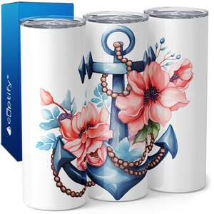 Blue Anchor with Pink Flowers 20oz Skinny Tumbler