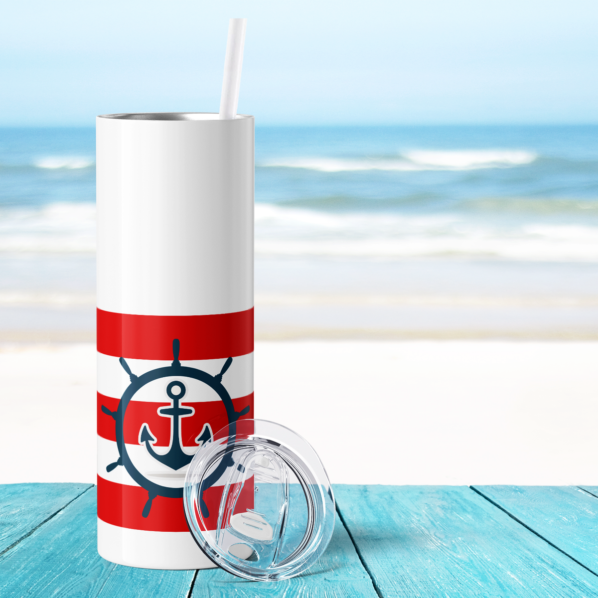 Nautical Anchor Red and White Stripes 20oz Skinny Tumbler