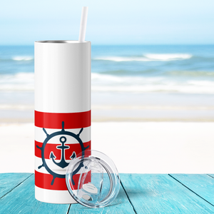 Nautical Anchor Red and White Stripes 20oz Skinny Tumbler