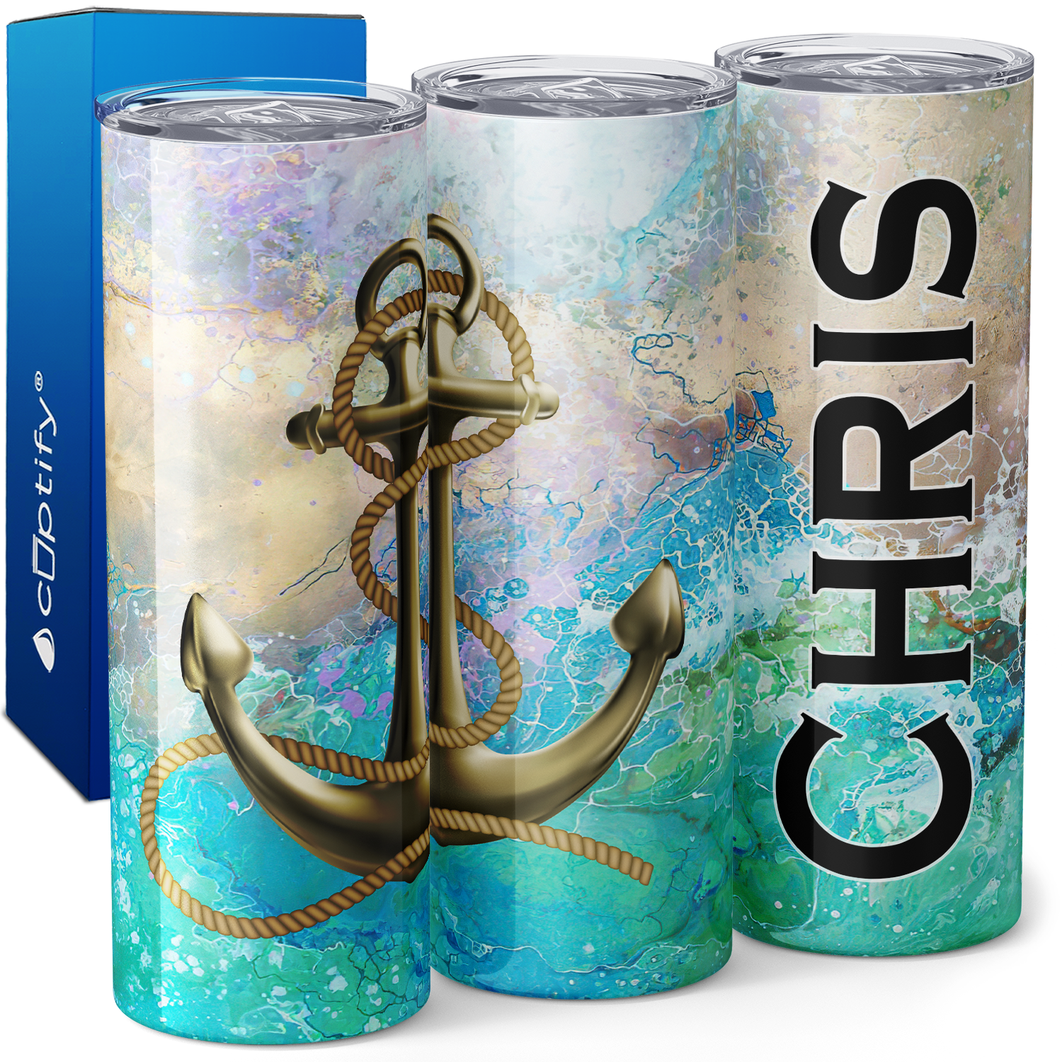 Personalized Gold Anchor and Rope on Ocean Watercolor 20oz Skinny Tumbler