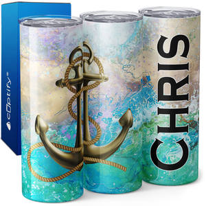 Personalized Gold Anchor and Rope on Ocean Watercolor 20oz Skinny Tumbler