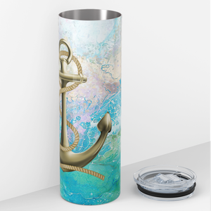 Personalized Gold Anchor and Rope on Ocean Watercolor 20oz Skinny Tumbler