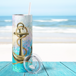 Personalized Gold Anchor and Rope on Ocean Watercolor 20oz Skinny Tumbler