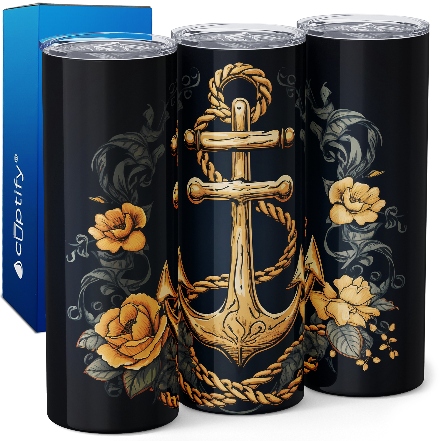 Gold Achor and Rope with Flowers 20oz Skinny Tumbler