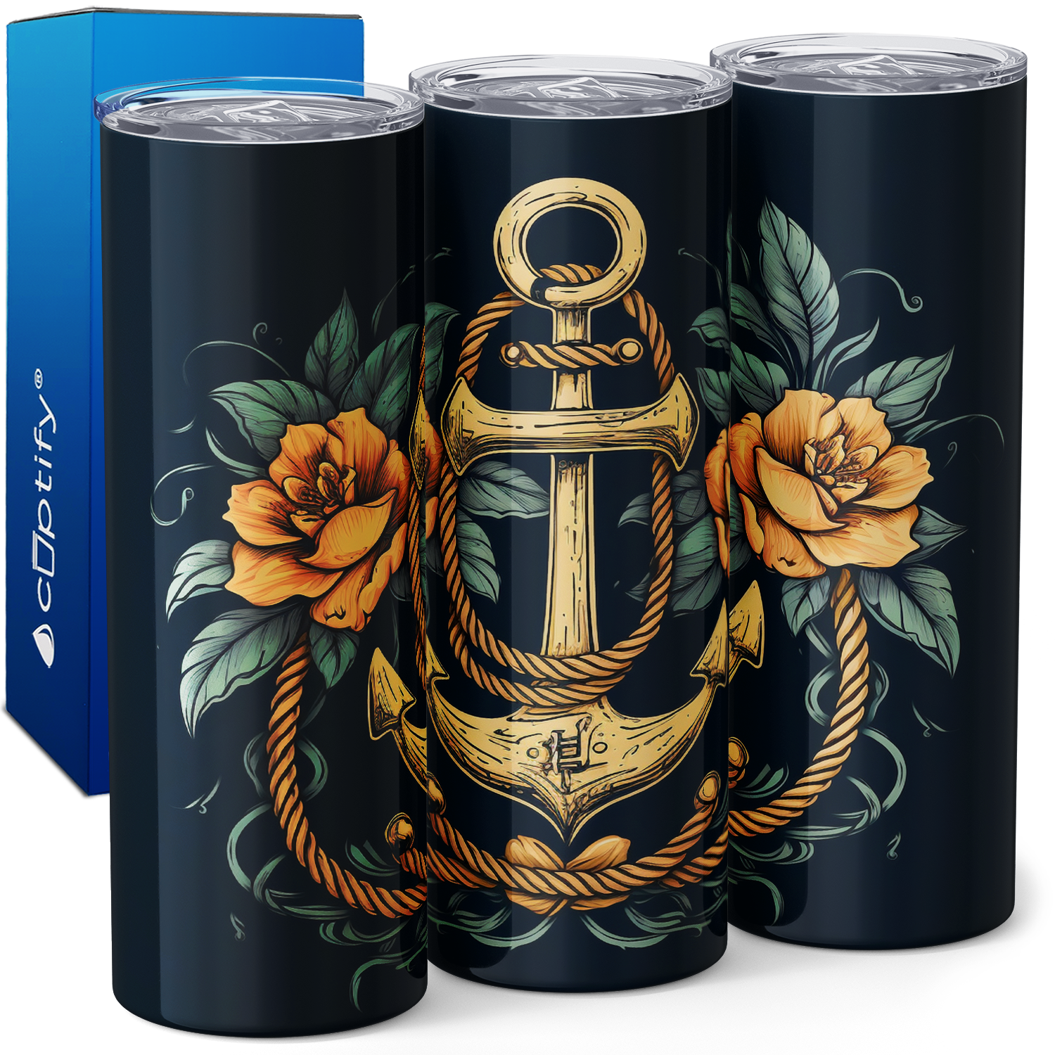 Gold Anchor and Rope Flowers and Leaves 20oz Skinny Tumbler