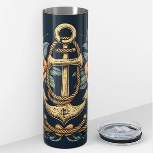 Gold Anchor and Rope Flowers and Leaves 20oz Skinny Tumbler