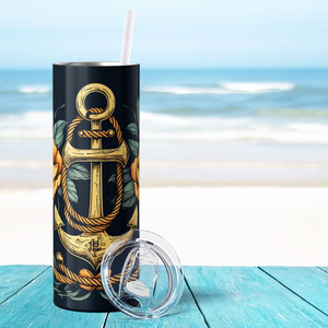 Gold Anchor and Rope Flowers and Leaves 20oz Skinny Tumbler