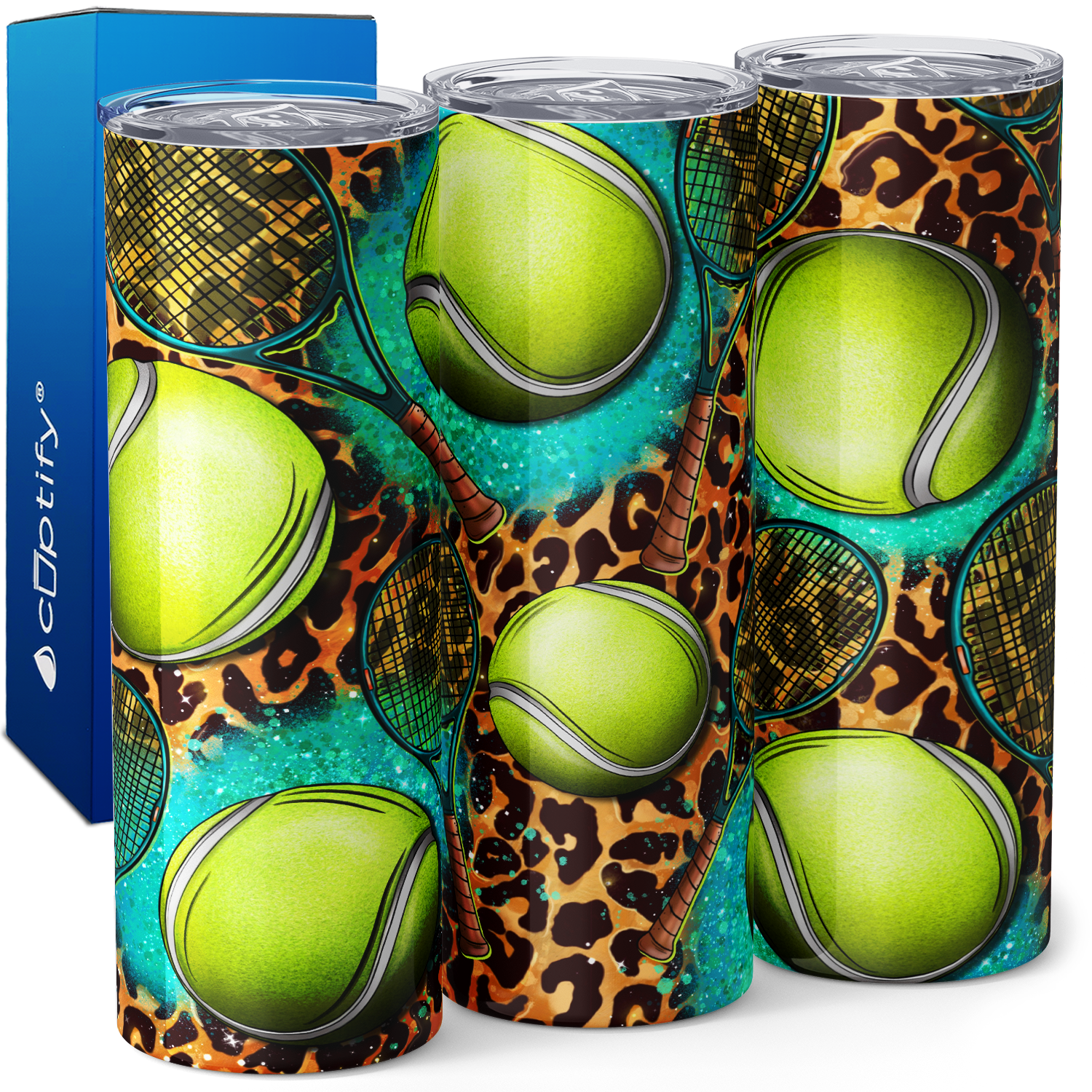 Tennis Rackets and Balls on Leopard Print 20oz Skinny Tumbler