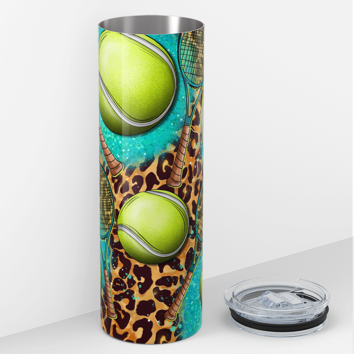 Tennis Rackets and Balls on Leopard Print 20oz Skinny Tumbler