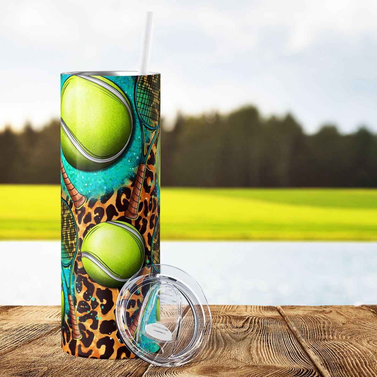 Tennis Rackets and Balls on Leopard Print 20oz Skinny Tumbler
