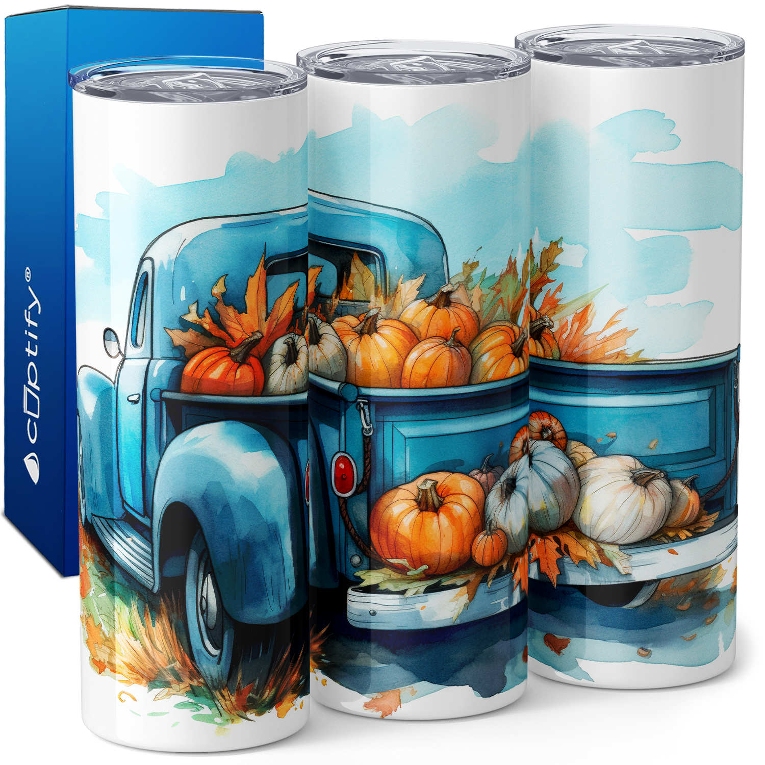 Pumpkins on Blue Truck 20oz Skinny Tumbler