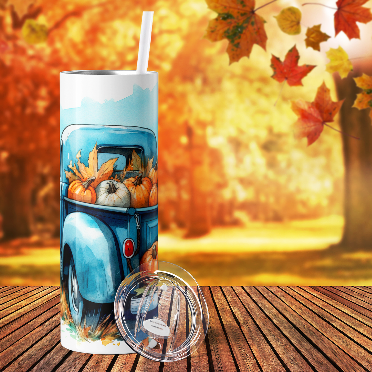 Pumpkins on Blue Truck 20oz Skinny Tumbler