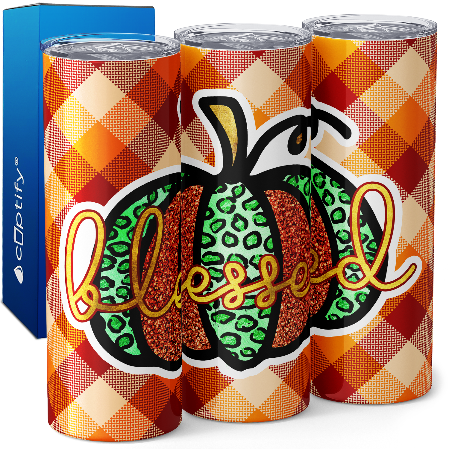 Blessed Pumpkin Glitter and Leopard Print 20oz Skinny Tumbler