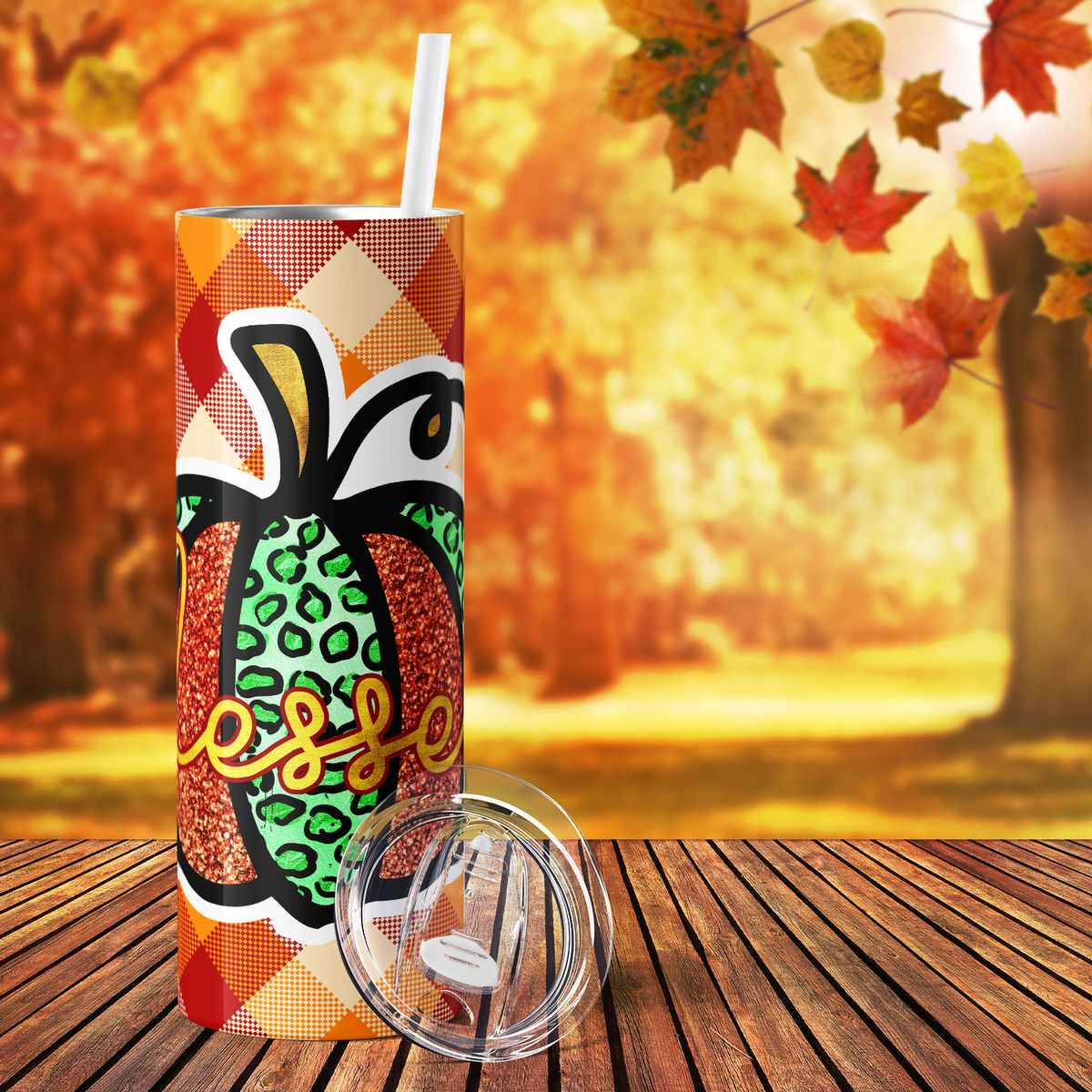 Blessed Pumpkin Glitter and Leopard Print 20oz Skinny Tumbler
