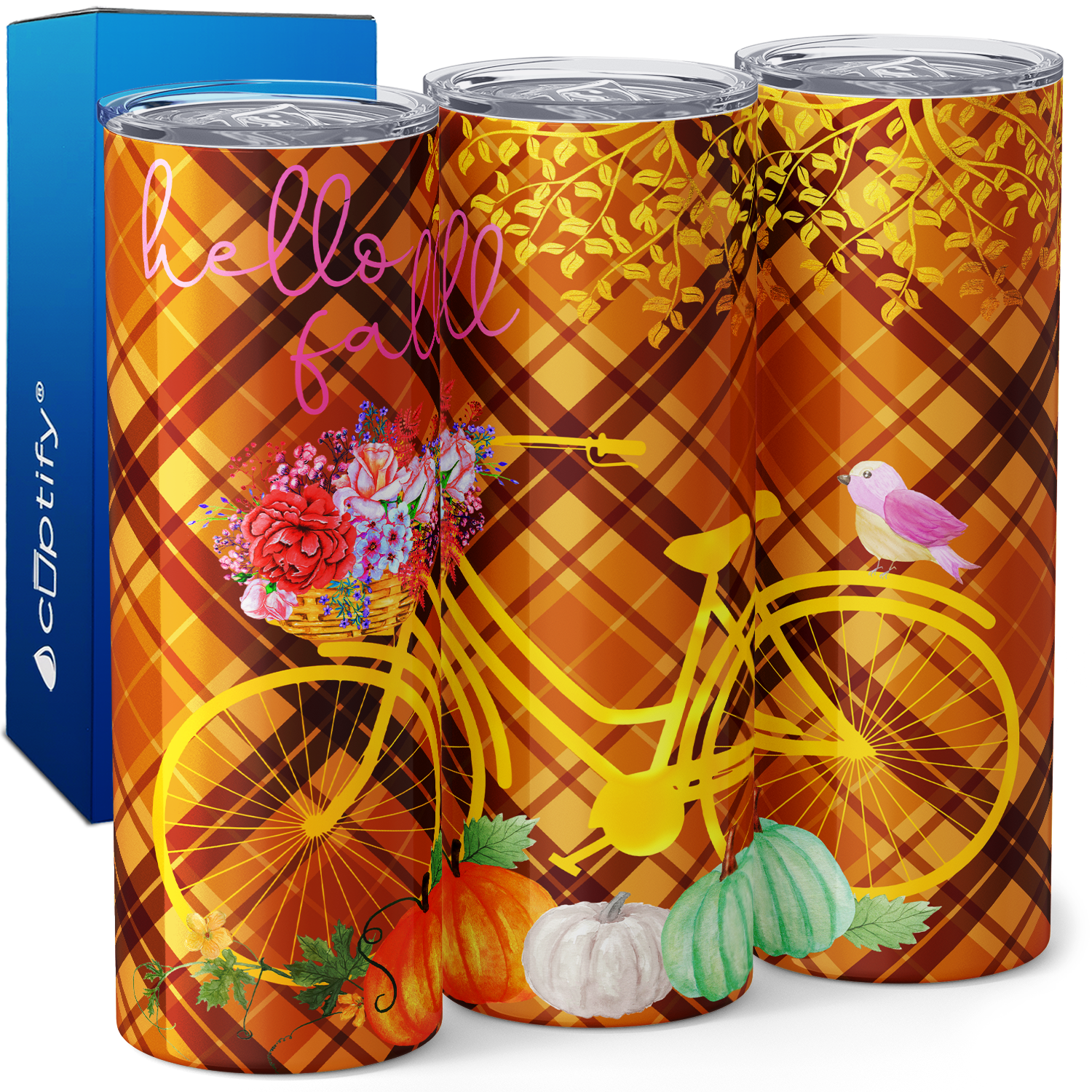 Hello Fall Bike and Pumpkins 20oz Skinny Tumbler