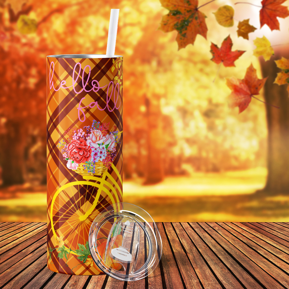 Hello Fall Bike and Pumpkins 20oz Skinny Tumbler