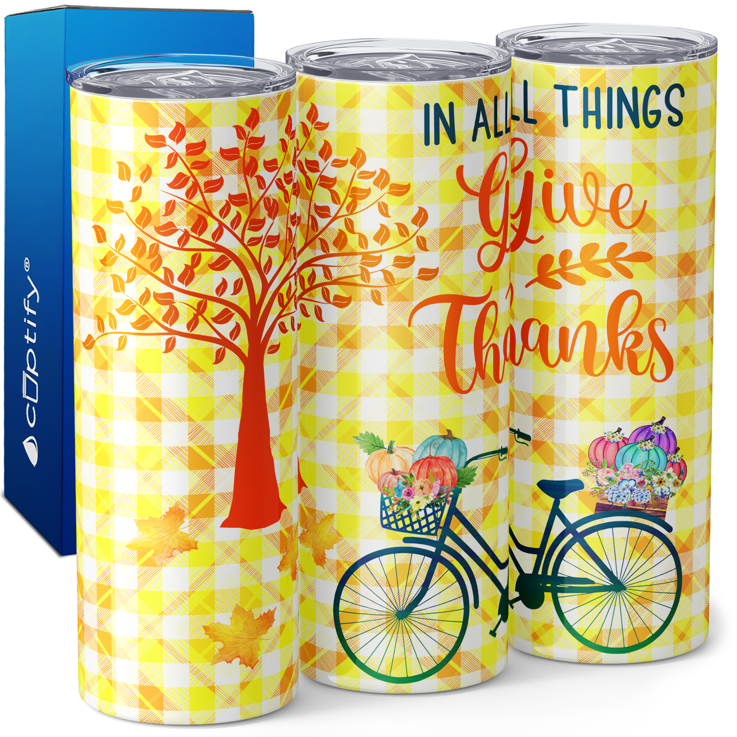 In All Things Give Thanks Bike and Pumpkins 20oz Skinny Tumbler