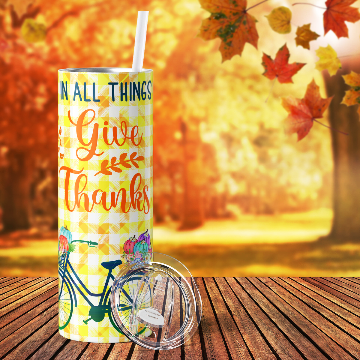 In All Things Give Thanks Bike and Pumpkins 20oz Skinny Tumbler