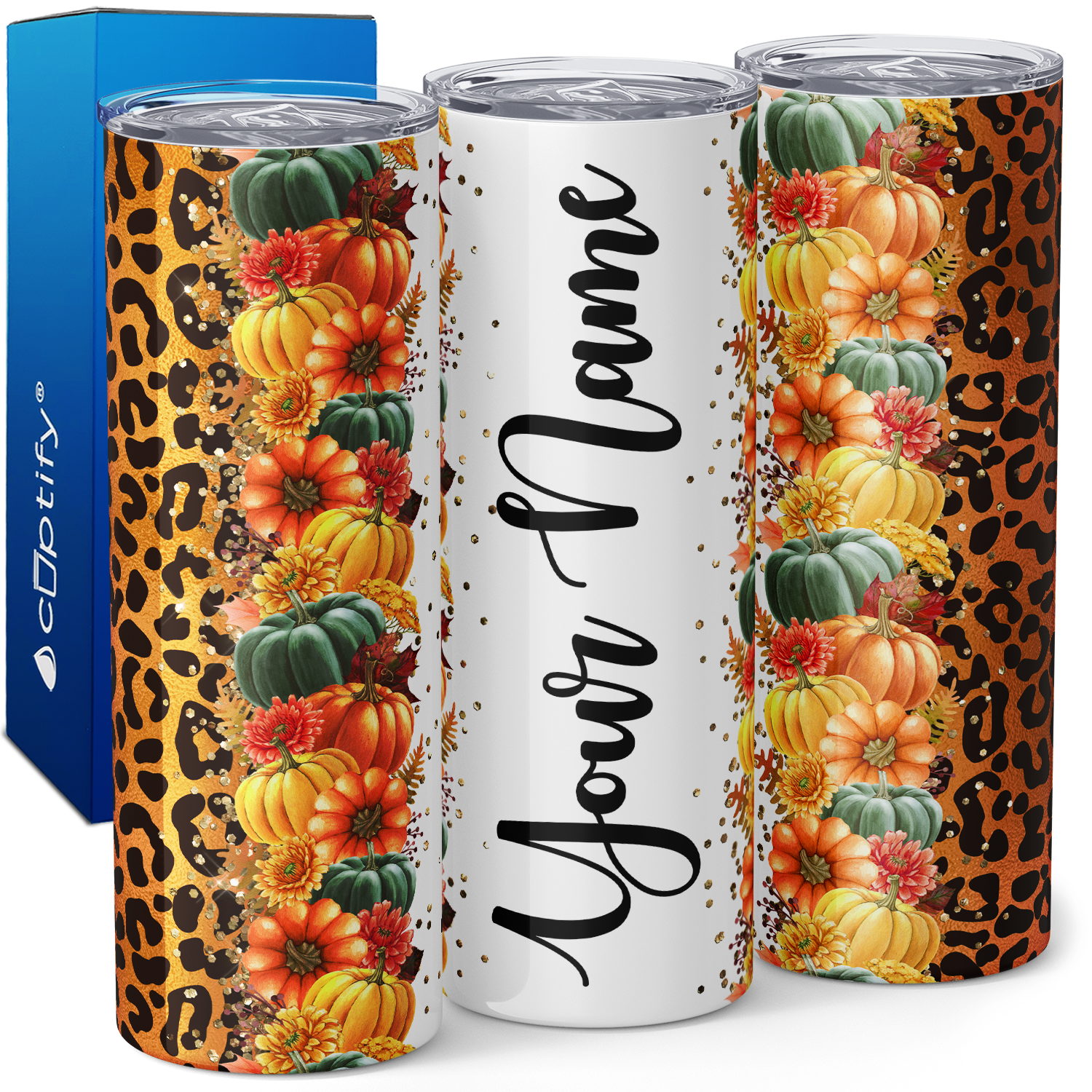 Personalized Leopard Print and Pumpkins 20oz Skinny Tumbler