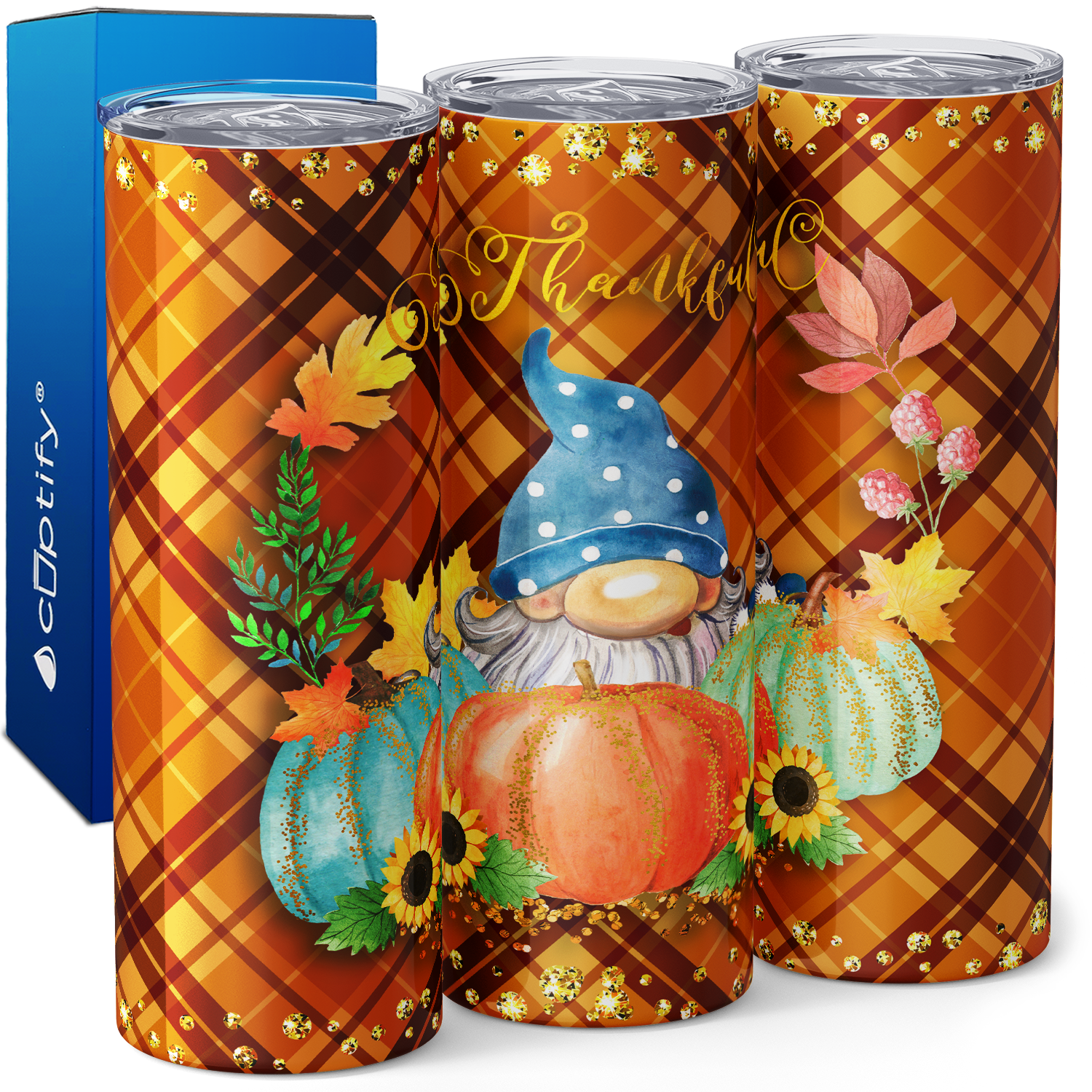 Thankful Gnome and Pumpkins 20oz Skinny Tumbler