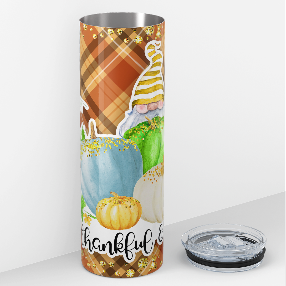 Thankful Gnome and Pumpkins 20oz Skinny Tumbler