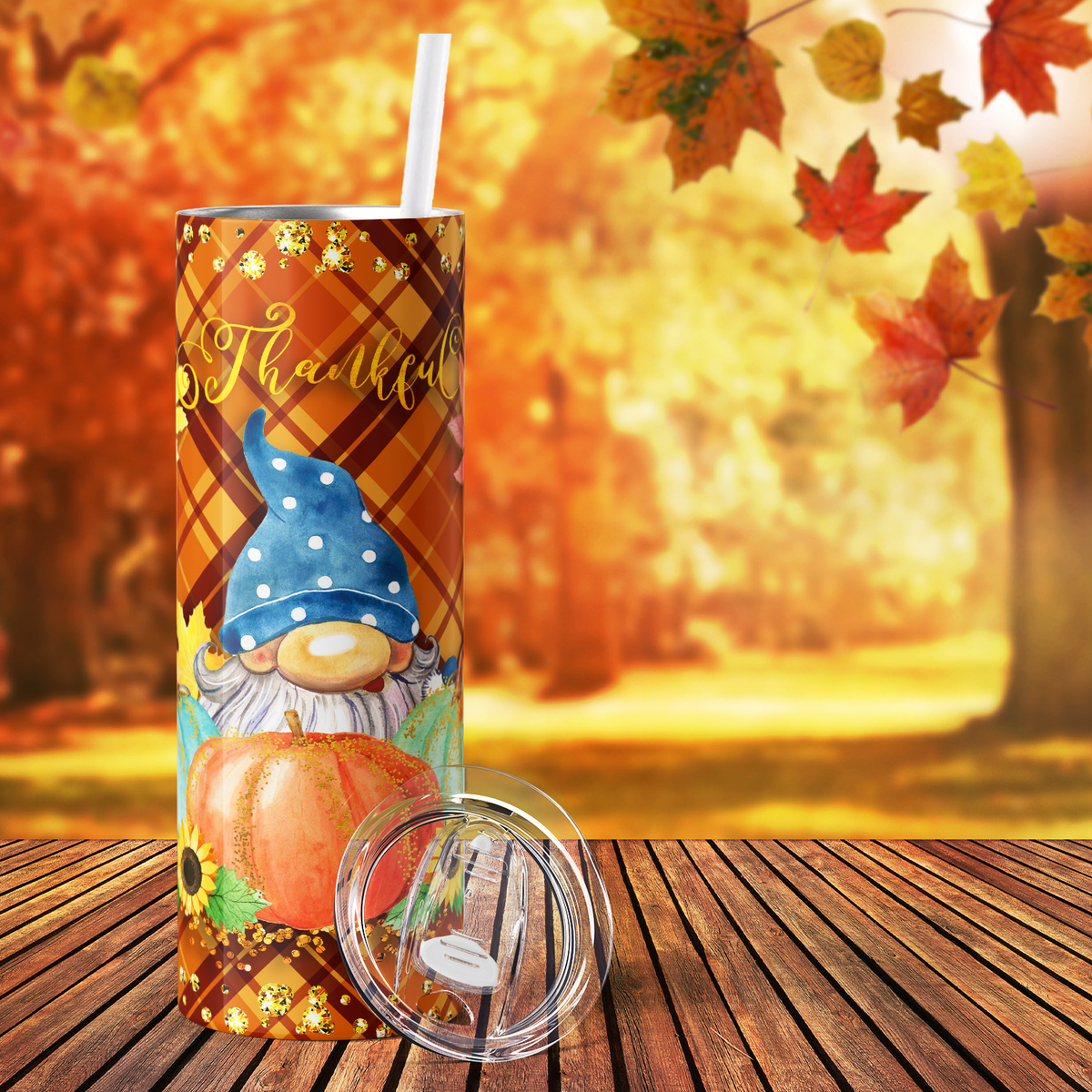 Thankful Gnome and Pumpkins 20oz Skinny Tumbler