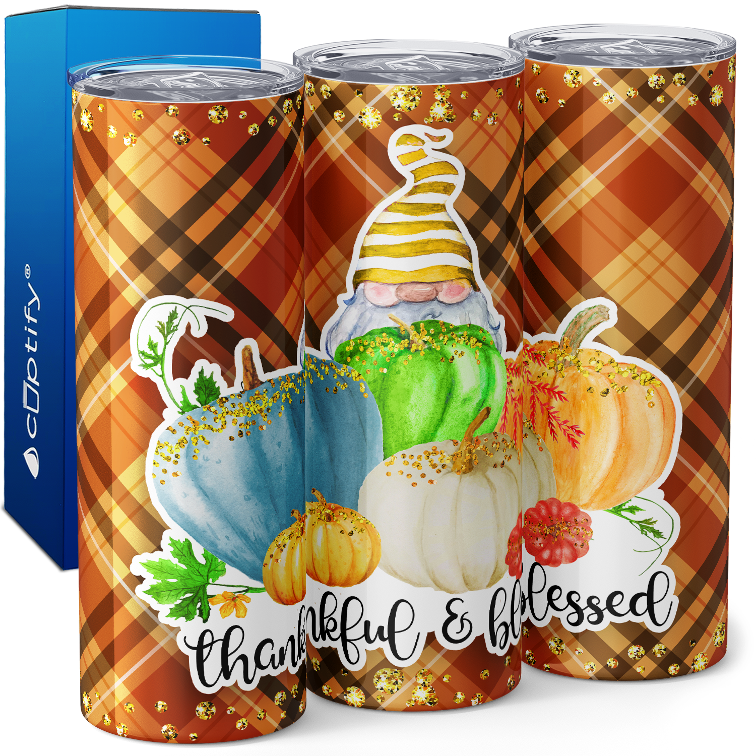 Thankful and Blessed Gnome and Pumpkins 20oz Skinny Tumbler