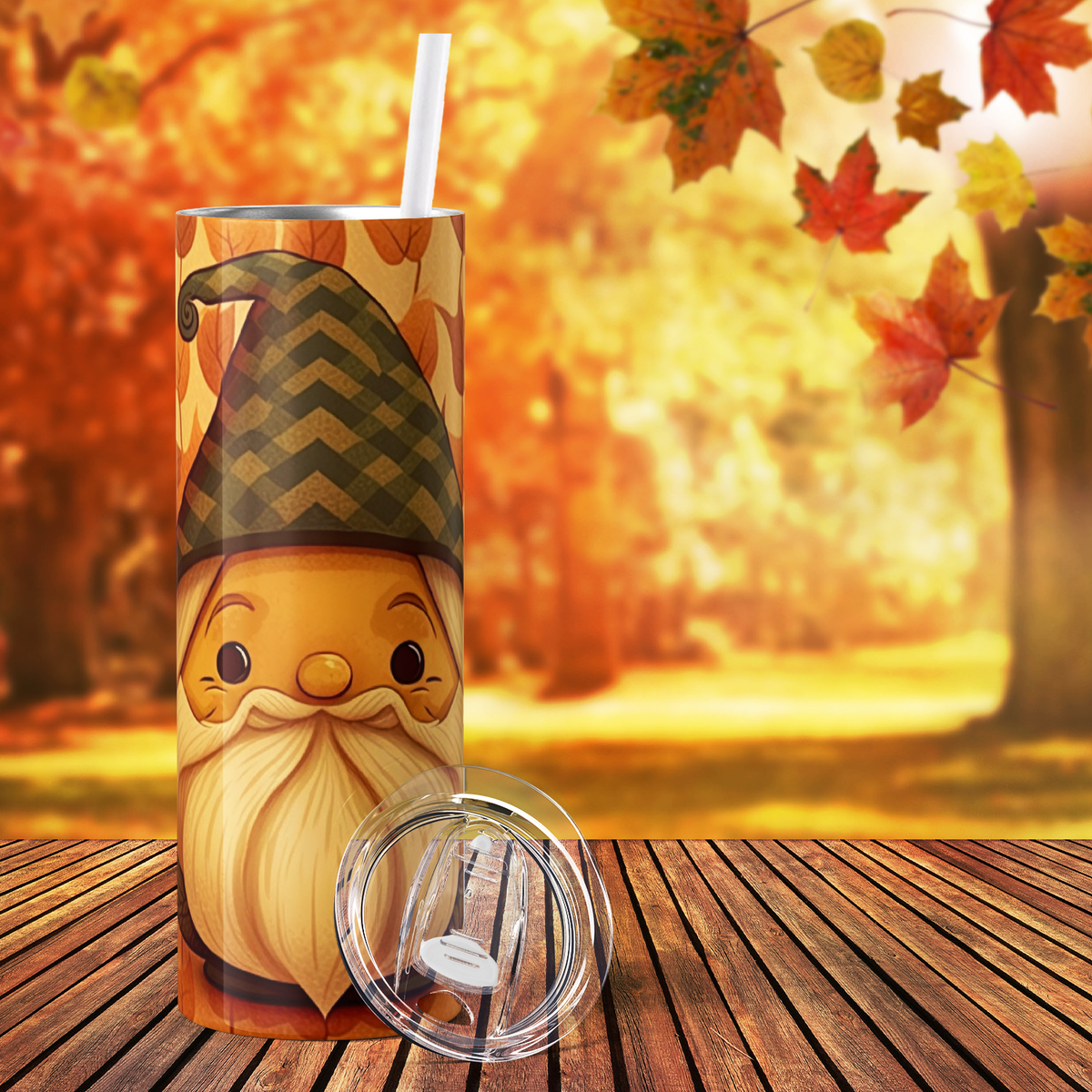 Cute Gnome with Fall Leaves 20oz Skinny Tumbler