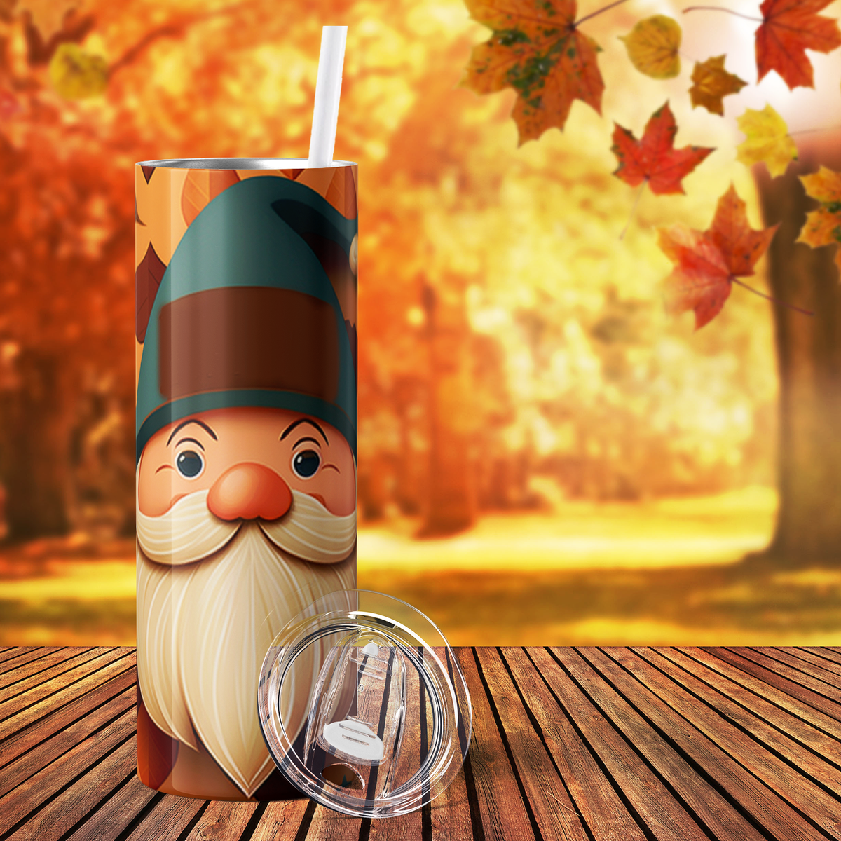 Gnome Face with Acorns and Fall Leaves 20oz Skinny Tumbler
