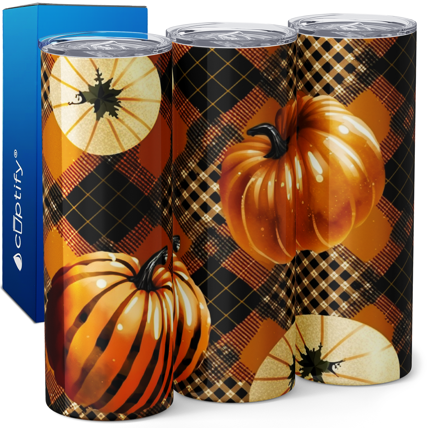Pumpkins on Plaid Quilt 20oz Skinny Tumbler