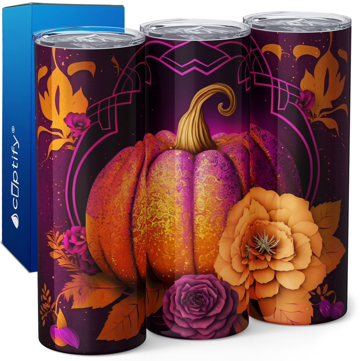 Orange and Purple Pumpkin and Flowers 20oz Skinny Tumbler