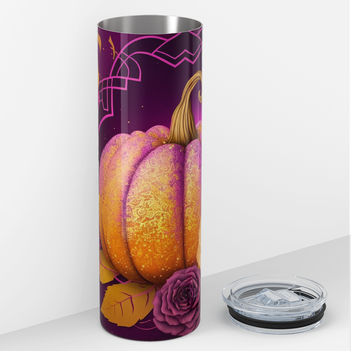 Orange and Purple Pumpkin and Flowers 20oz Skinny Tumbler