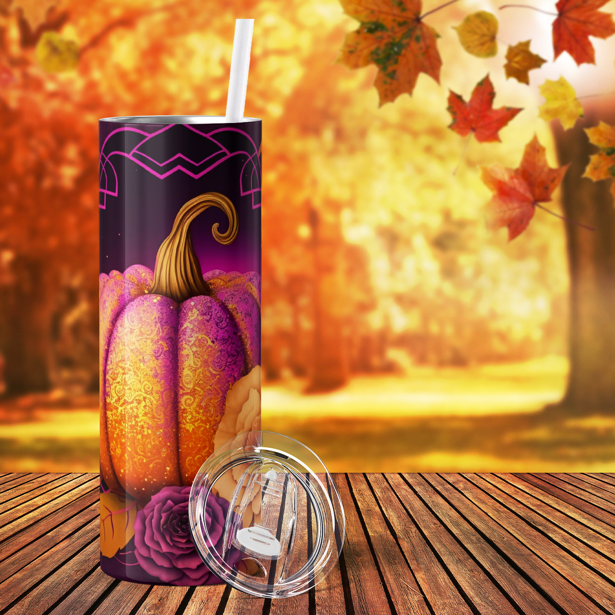 Orange and Purple Pumpkin and Flowers 20oz Skinny Tumbler