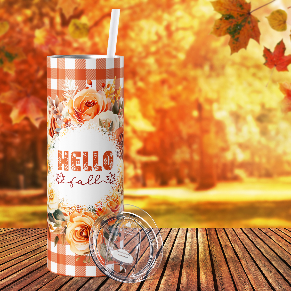 Hello Fall Flower Wreath Orange 20oz Skinny Tumbler