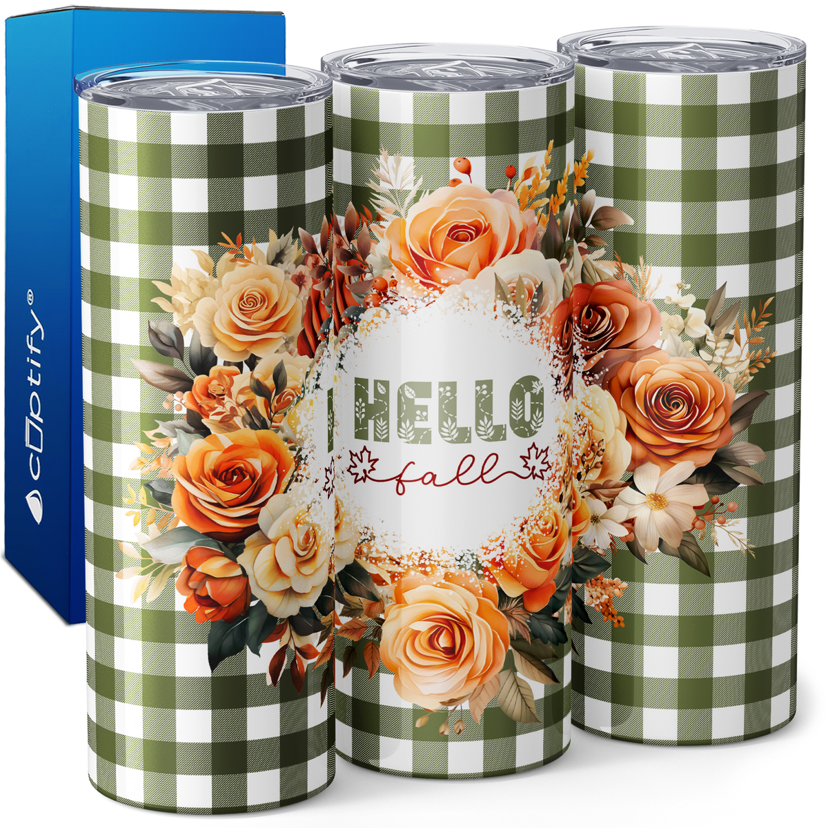 Hello Fall Flower Wreath Green 20oz Skinny Tumbler