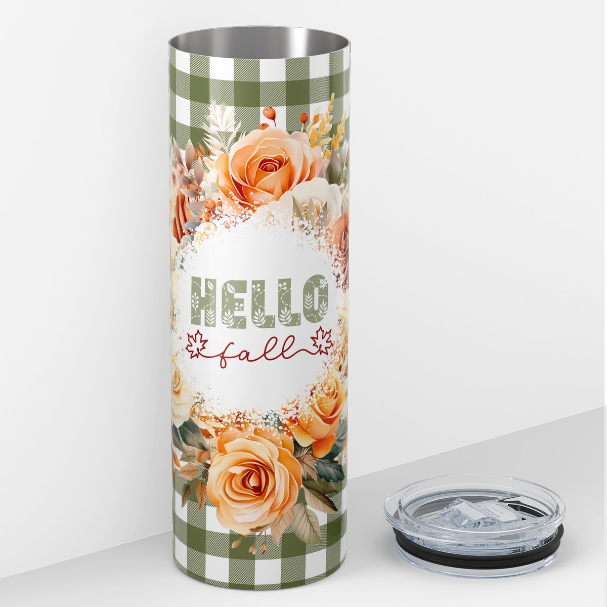 Hello Fall Flower Wreath Green 20oz Skinny Tumbler