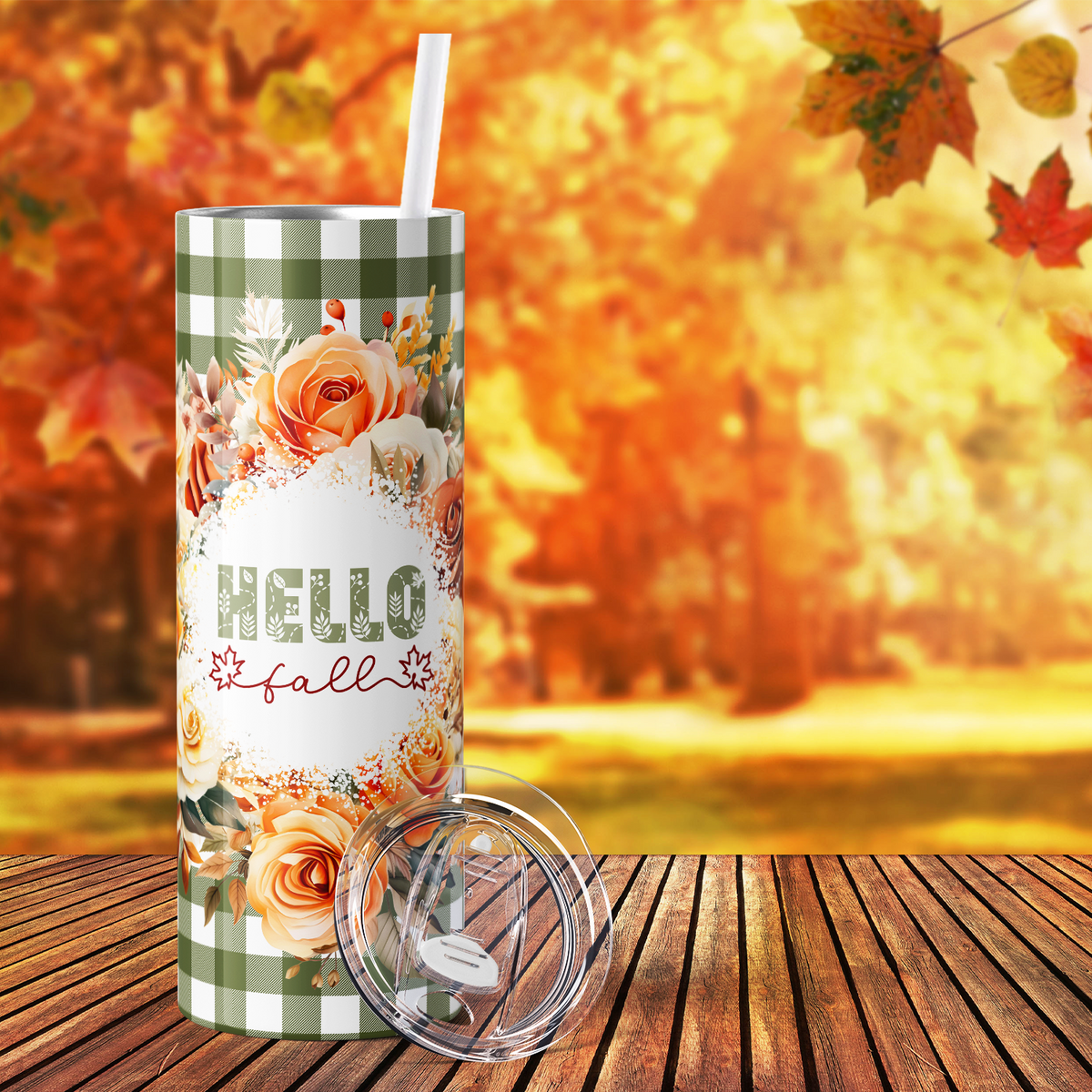 Hello Fall Flower Wreath Green 20oz Skinny Tumbler
