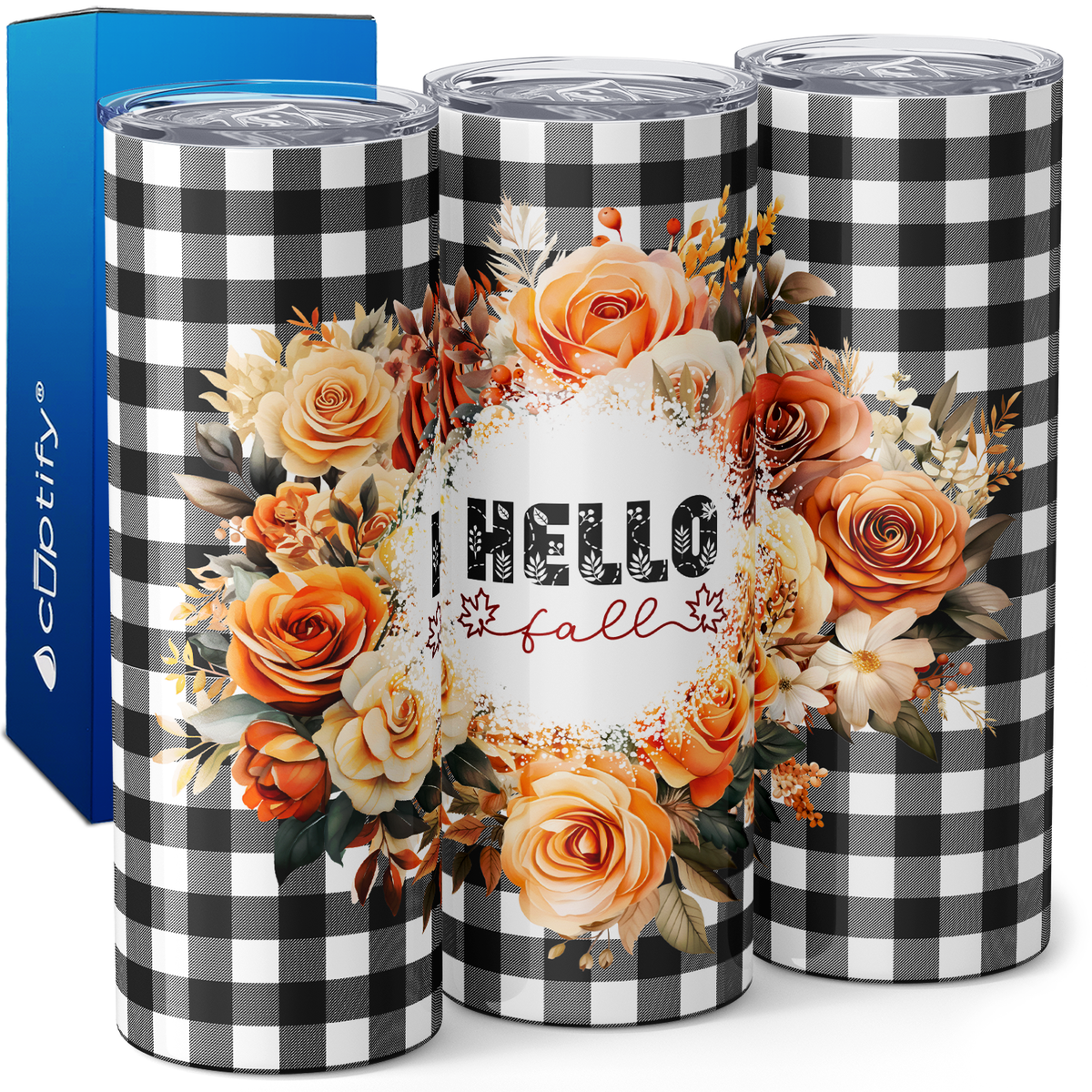 Hello Fall Flower Wreath Black 20oz Skinny Tumbler