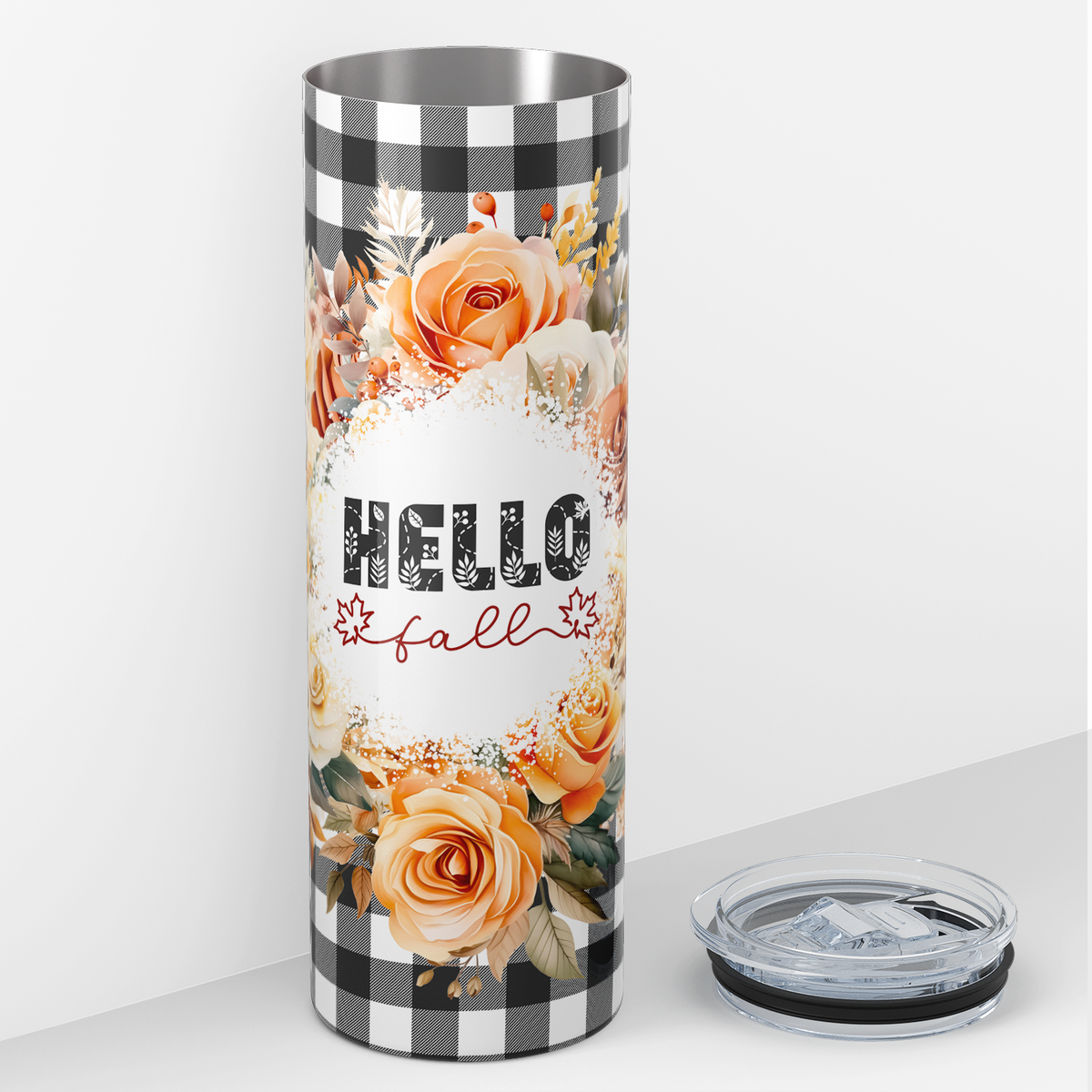 Hello Fall Flower Wreath Black 20oz Skinny Tumbler
