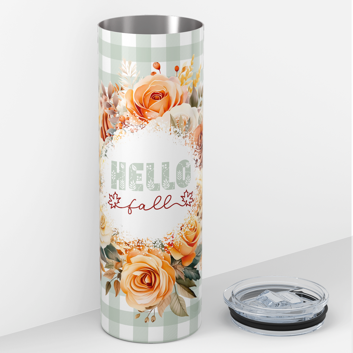 Hello Fall Flower Wreath Pale Green 20oz Skinny Tumbler