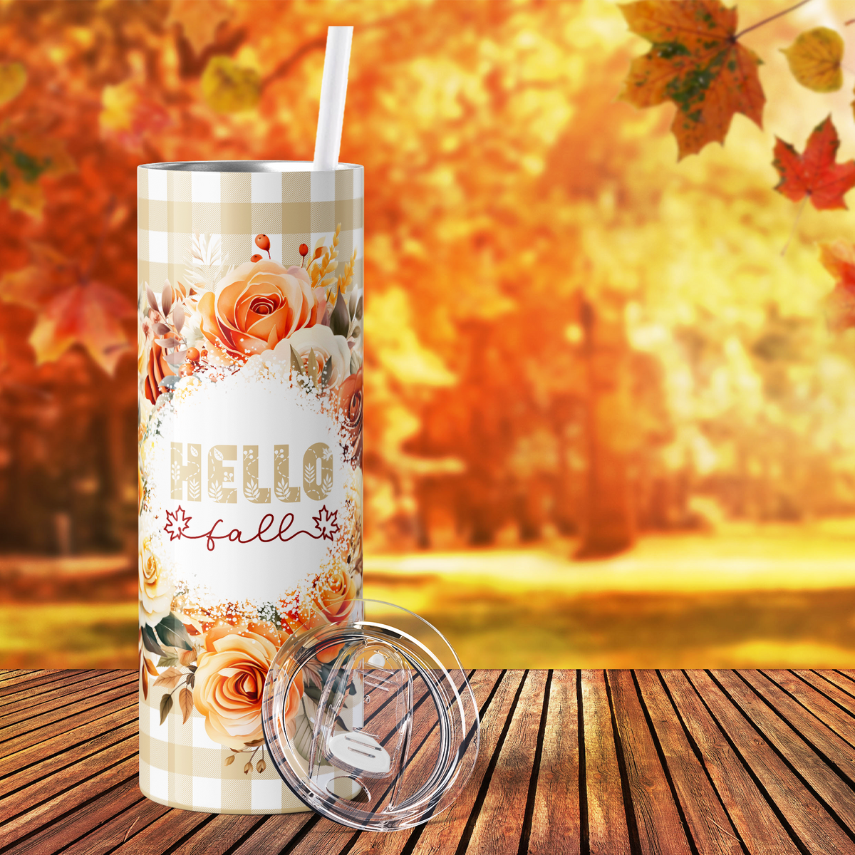 Hello Fall Flower Wreath Pale Orange 20oz Skinny Tumbler